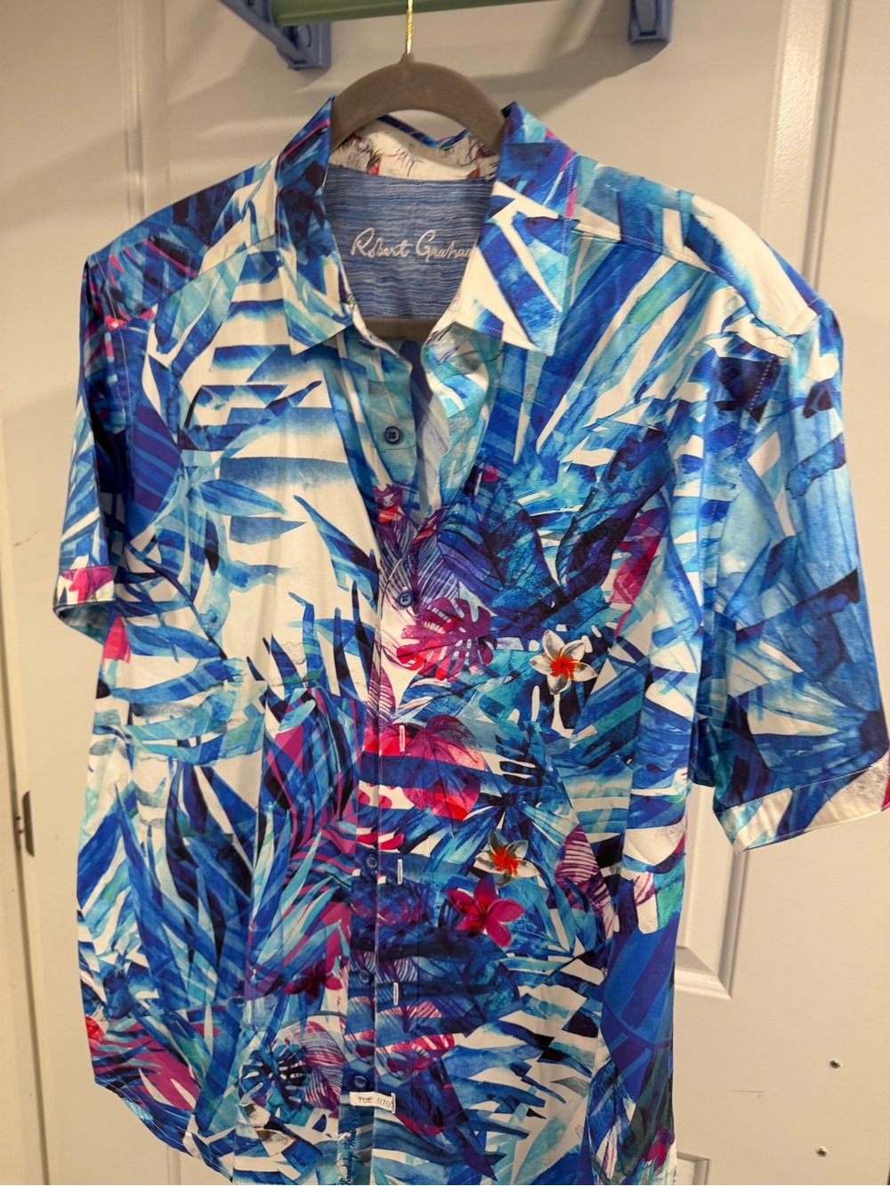 Robert Graham Blue & White Tropical Print Button-Down Shirt with Pink Accents